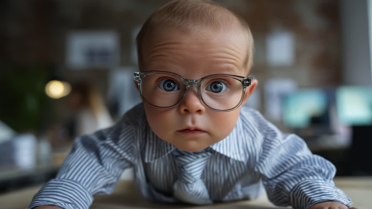 Bebè adorabile con gli occhiali su una scrivania d'ufficio che mostra curiosità e concentrazione con un abito da lavoro, ideale per catturare l'essenza della determinazione giovanile e dell'innocenza