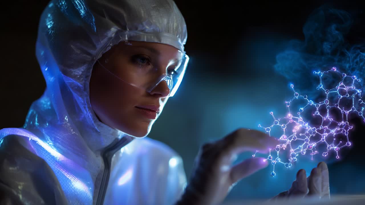 Um cientista concentrado em um laboratório futurista, vestido com uma roupa de proteção, demonstra a interação com estruturas moleculares vibrantes, mostrando tecnologia avançada e a busca pela descoberta científica