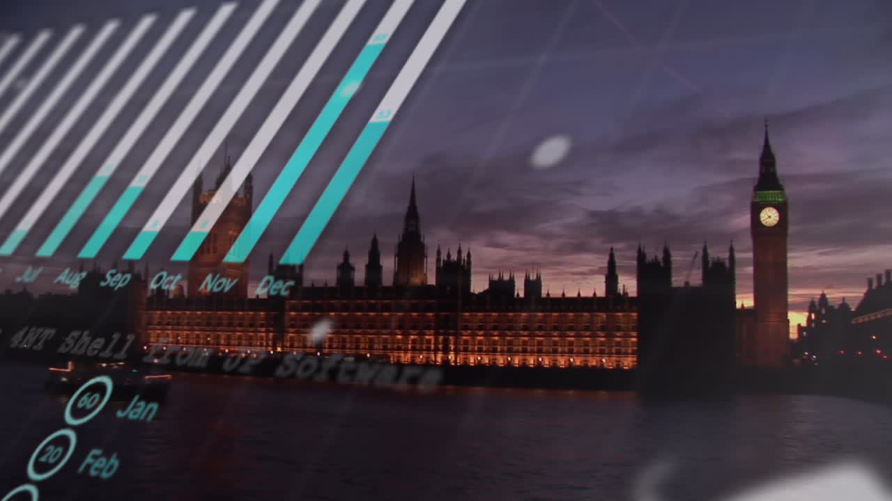 animación del procesamiento de datos financieros sobre el paisaje urbano de londres