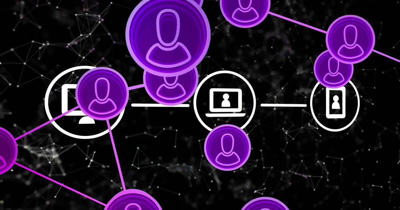 Animazione di rete di connessioni con icone su sfondo nero