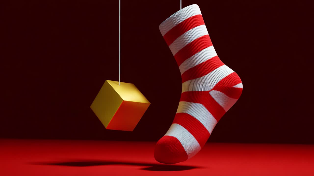 A playful and whimsical scene featuring a striped sock suspended in mid-air alongside a vibrant yellow cube, creating a captivating contrast against a rich red backdrop, evoking a sense of curiosity and joy