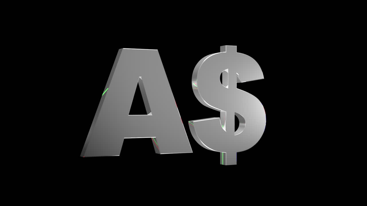 3D model with alpha channel of the Australian Dollar symbol reflecting a candlestick chart and flag, ideal for video presentations or financial business use in Forex trading and currency exchange.