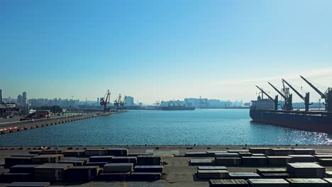 Wolmi Island Port at Incheon showcases a bustling harbor with towering cranes, docked cargo ships, containers, and a backdrop of urban skyline under a clear blue sky