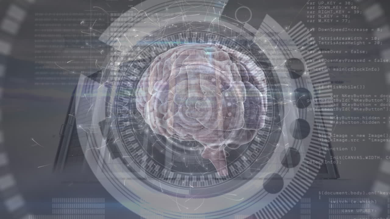 Animation of rotating brain over sky and servers