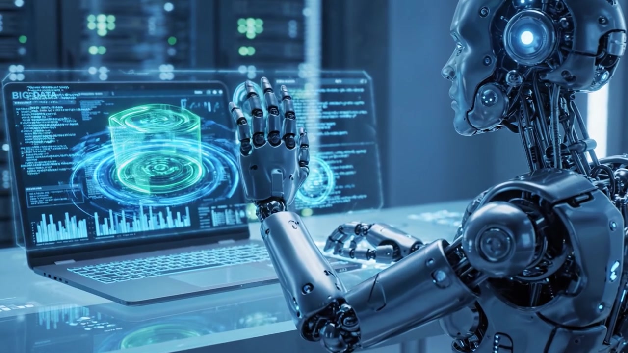 A Futuristic Robot Analyzing Big Data on a Laptop with Advanced Technology in a High-Tech Server Environment Displaying Complex Visualizations and Information