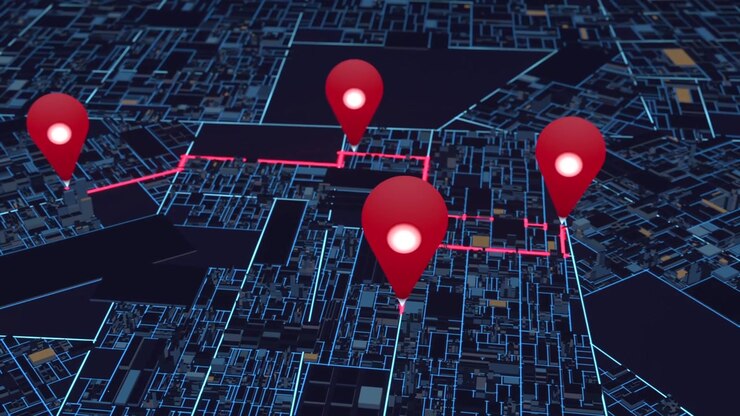 Block highlighting, wireframe map placing red markers and drawing neon pink route linking them