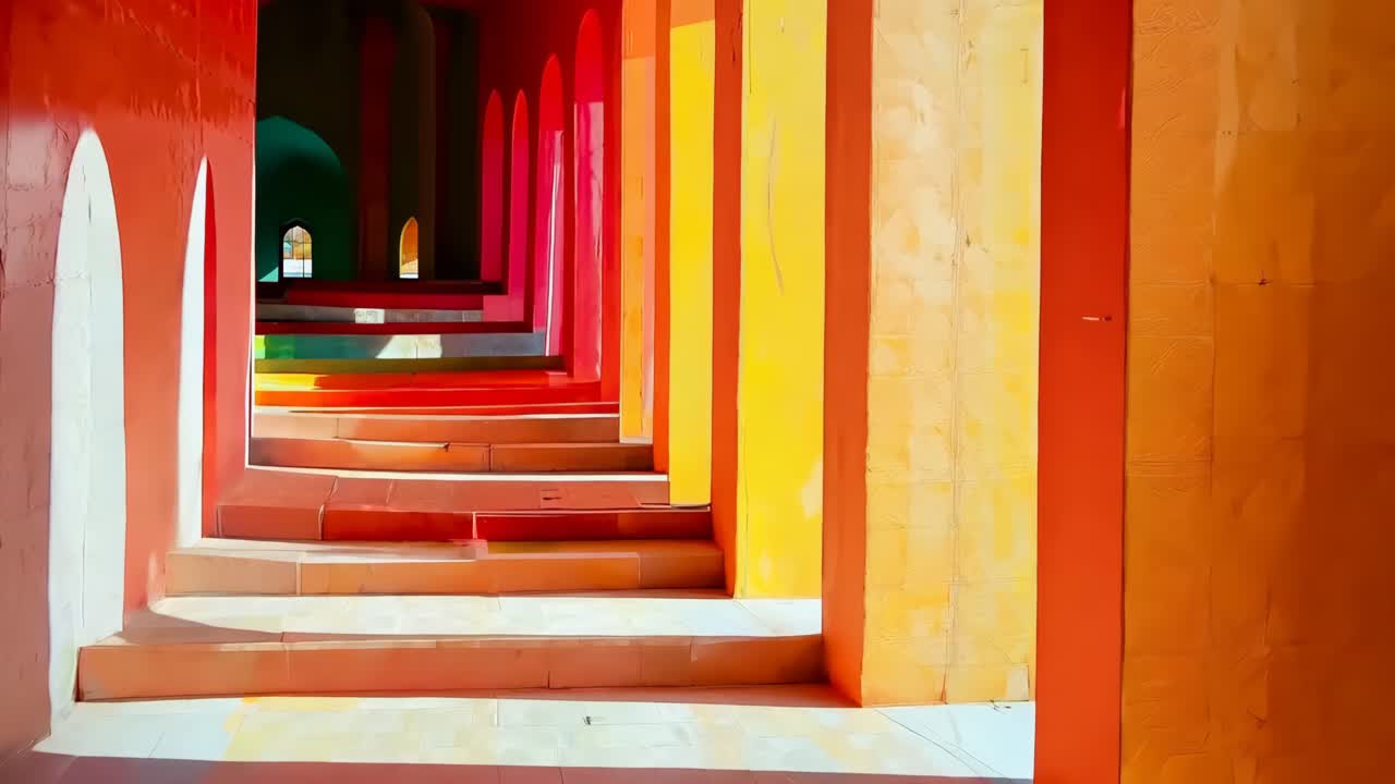 빨간색과 노란색 건물로 이어지는 다채로운 계단들의 줄