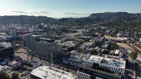 Hollywood,-California-downtown-city-aerial-flyover-in-daytime