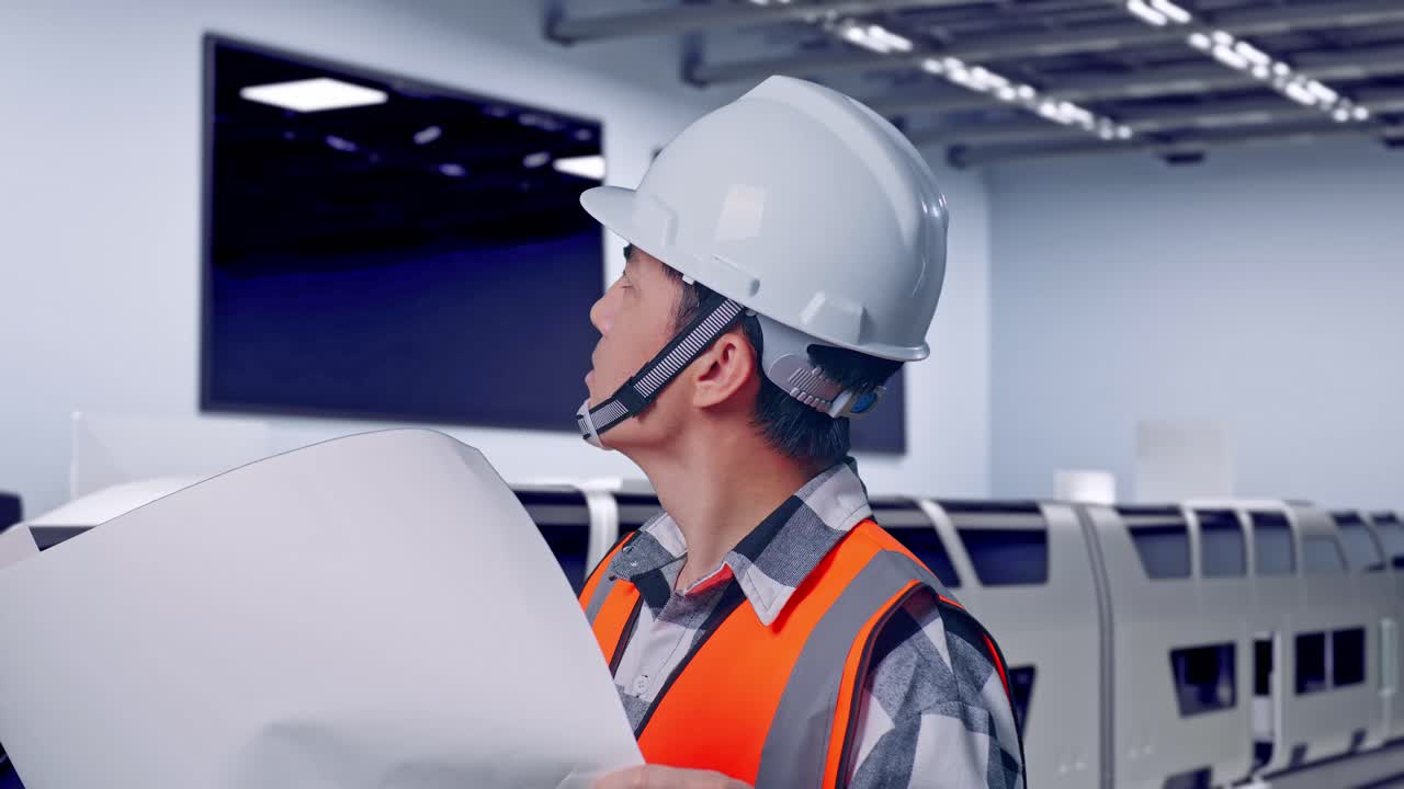 Close Up Side View Of Asian Male Engineer With Safety Helmet Looking At Blueprint In His Hands And Looking Around While Standing, Futuristic High-Speed Train in a Modern Testing Facility