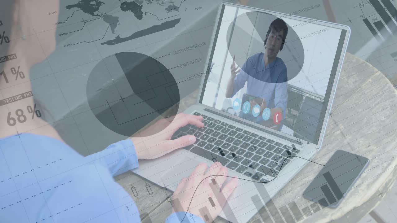 animación de registro de estadísticas sobre mujeres que usan computadora portátil en videollamada en segundo plano