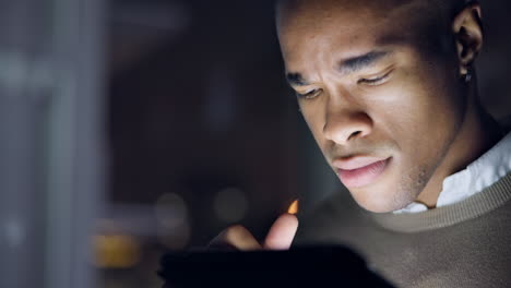 Thinking,-tablet-and-black-man-in-office-at-night