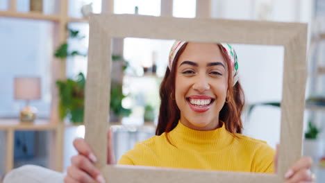happy, woman and face in a frame
