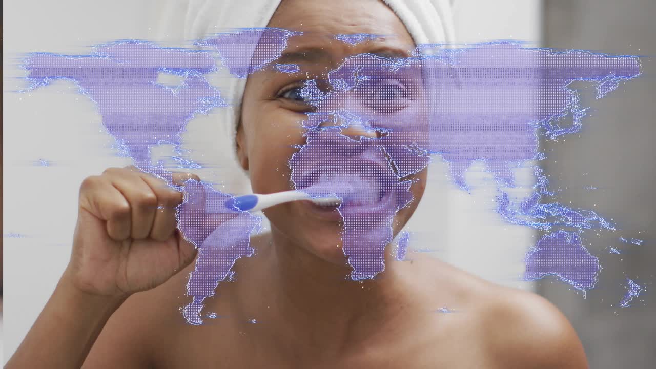 Woman bringing toothbrush to mouth in mirror, brushing for hygiene while purple overlay fragmenting