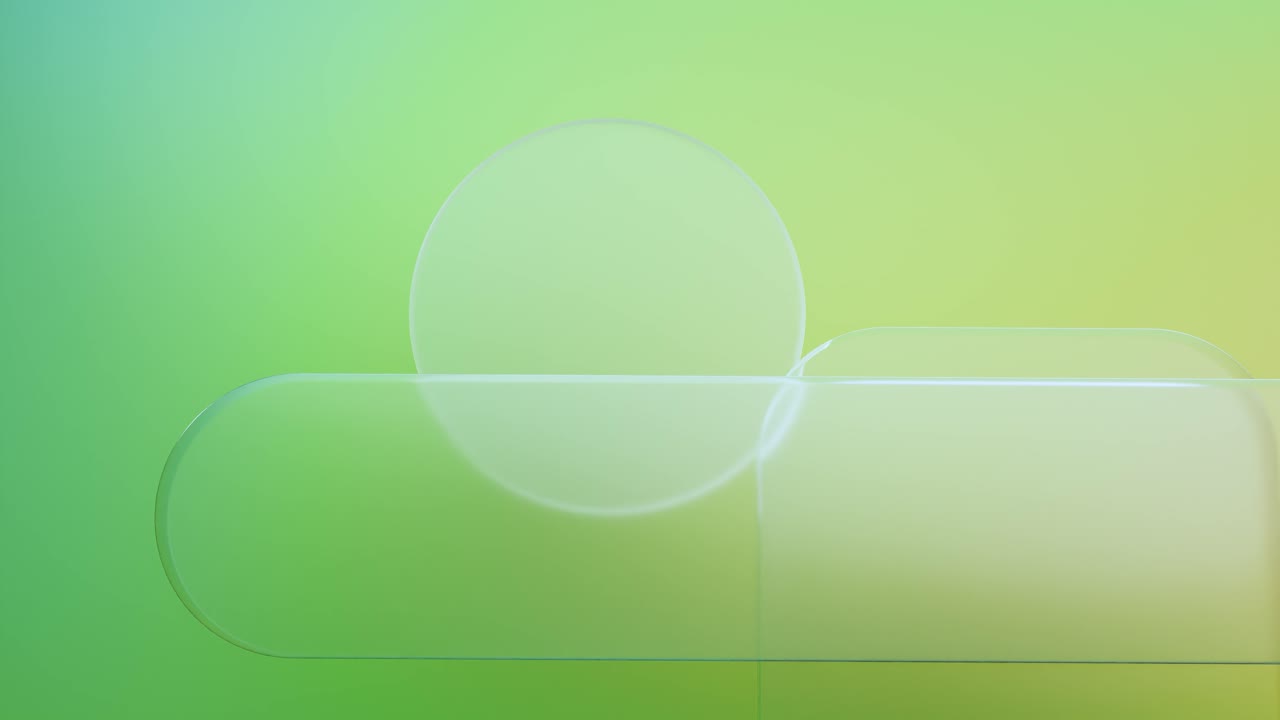 Abstract Translucent Glass Shapes Moving on Green Gradient Background