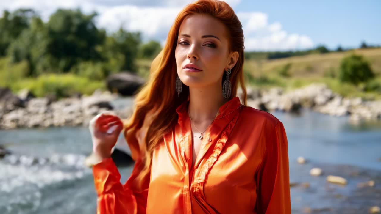 Smuk kvinde med fantastisk rødt hår, der poserer ved en flod iført en elegant orange bluse, omgivet af grønne planter og et smukt landskab i baggrunden.