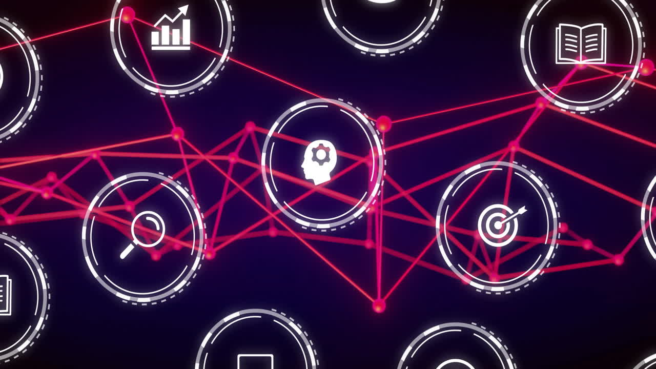 animación de iconos comerciales a través de una red de conexiones en fondo negro