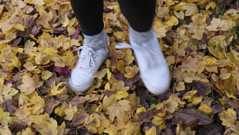 Chica-Bailando-Sobre-Las-Hojas-De-Otoño-En-Otoño---Pie-De-Cerca