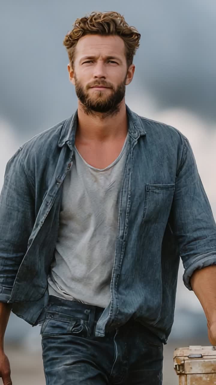 Denim ve tişört giymiş, karizması ve gücüyle dikkat çeken, sert görünümlü, kendinden emin bir adam, açık bir yolda dramatik bulutlu bir arka plana karşı yürüyor