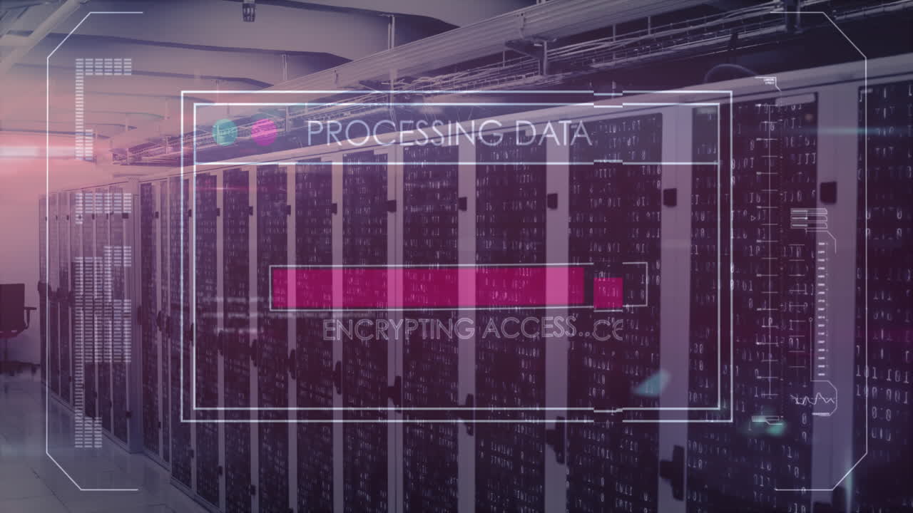 animación de la interfaz con procesamiento de datos y cuadrados de mosaico contra la sala de servidores de computadora