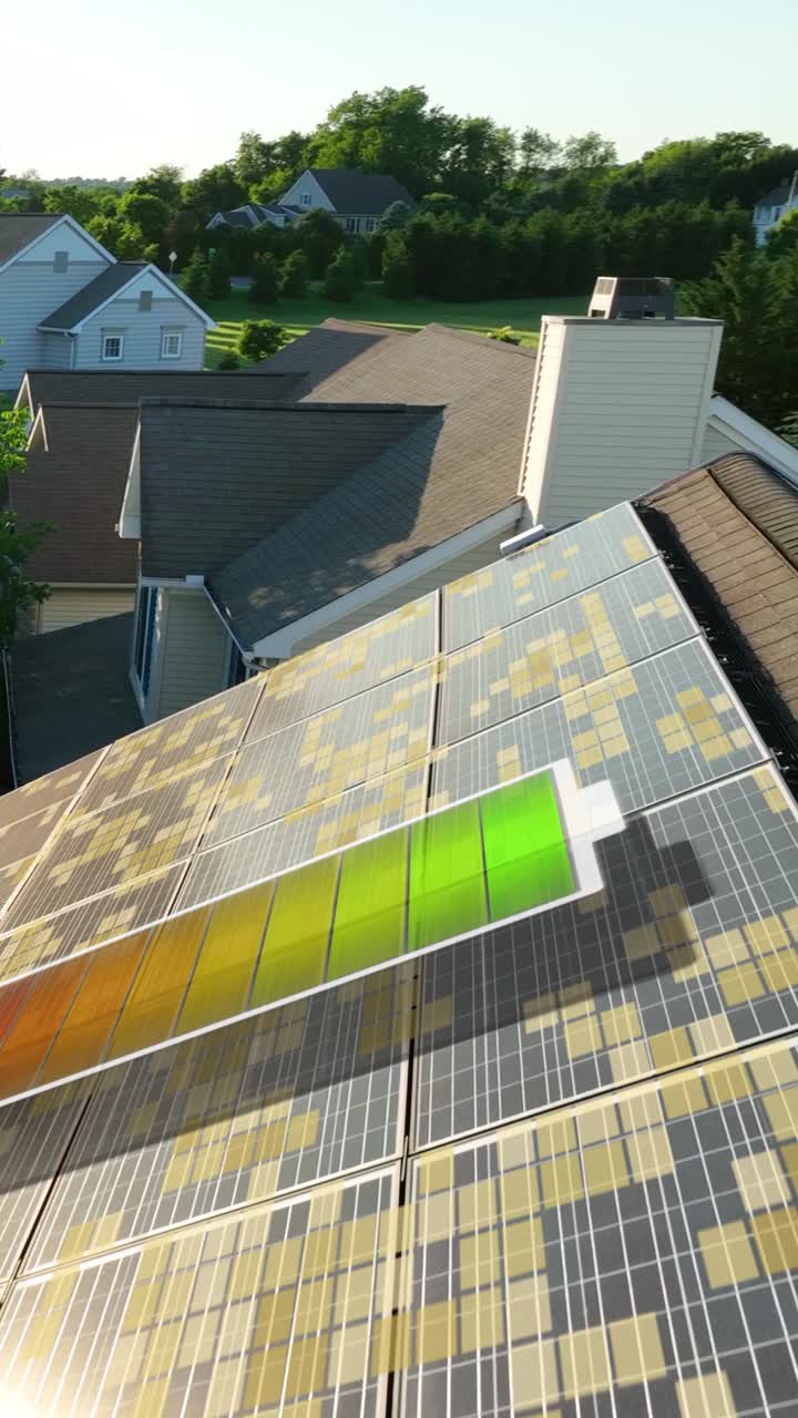 Solpanel-fotoner rammer fotovoltaiske celler med batteriopladningsanimation på tag. Visuelle effekter med bevægelsesgrafik. Vertikal