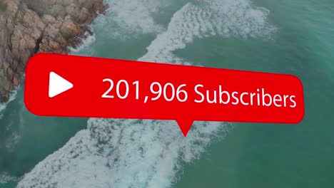 Animation of social media icon and subscribers text over ocean&#039;s coast