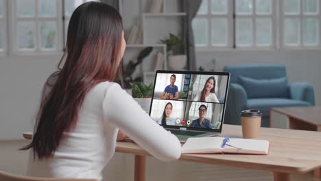 young asian businesswoman work at home and virtual video conference meeting with colleagues business people, online working, video call due to social distancing at home office