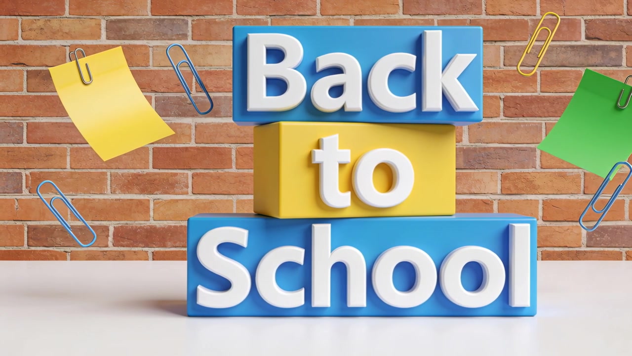 Starting title sequence, paperclips and sticky notes floating around Back-to-School blocks on table