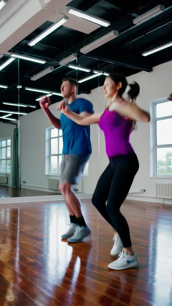 Pareja bailando y haciendo ejercicio en un estudio de fitness