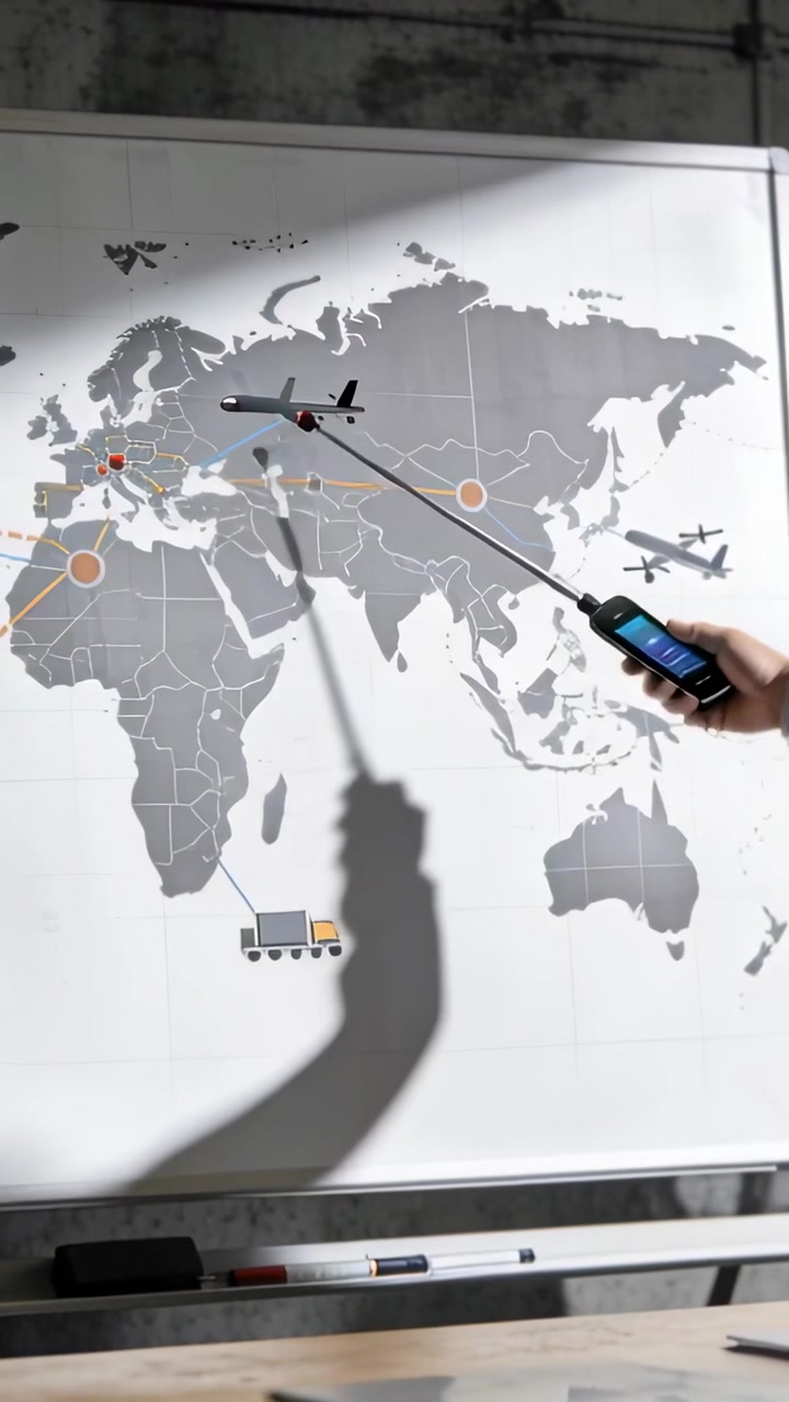Vertikal video: Vært i frakke træder ind og bevæger pegepind over kort i møde med mobiltelefon, kopiplads.