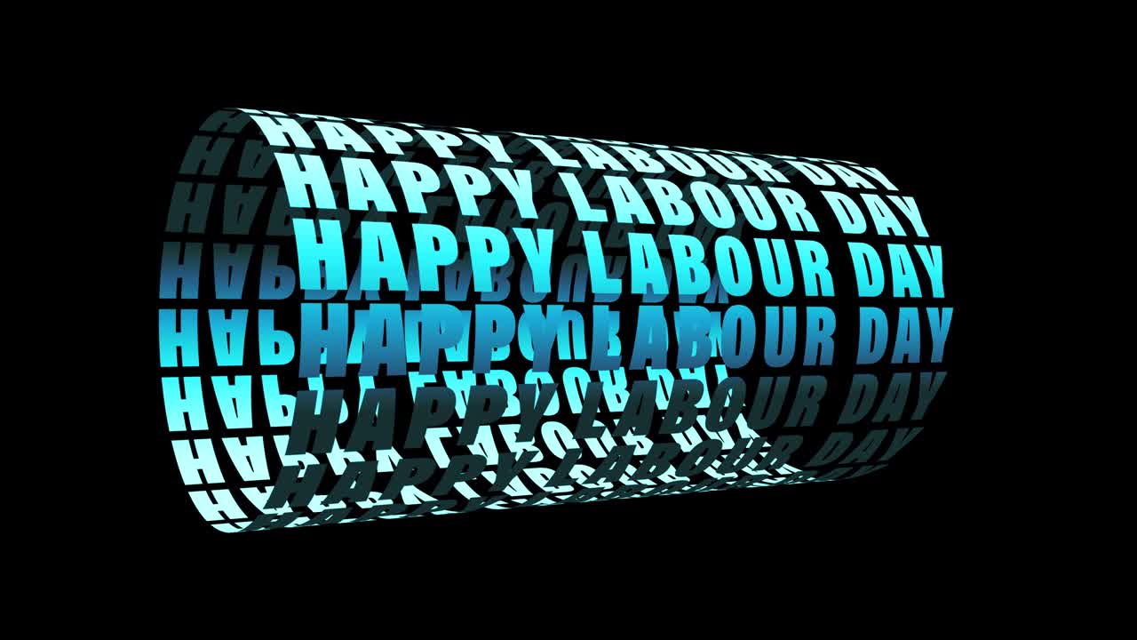 feliz día del trabajo texto azul tubo de palabras animación giratoria bucle sin costuras aislado con prores de canal alfa quicktime 4444. 4k 3d renderización de texto cilindro elemento de efecto de bucle cinético para la composición.