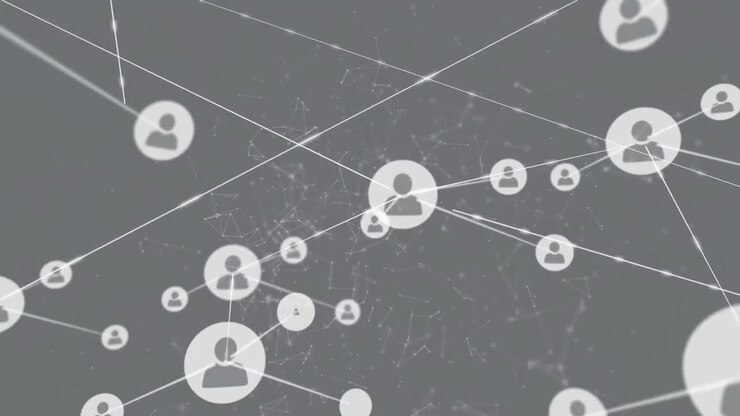 Animation of network of connections with people icons over grey background