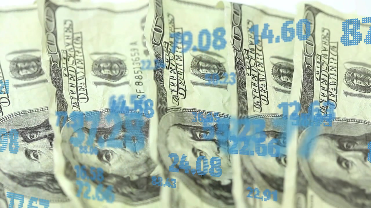 Hand entering right, fanning bills and pulling one forward while numbers drifting, revealing face