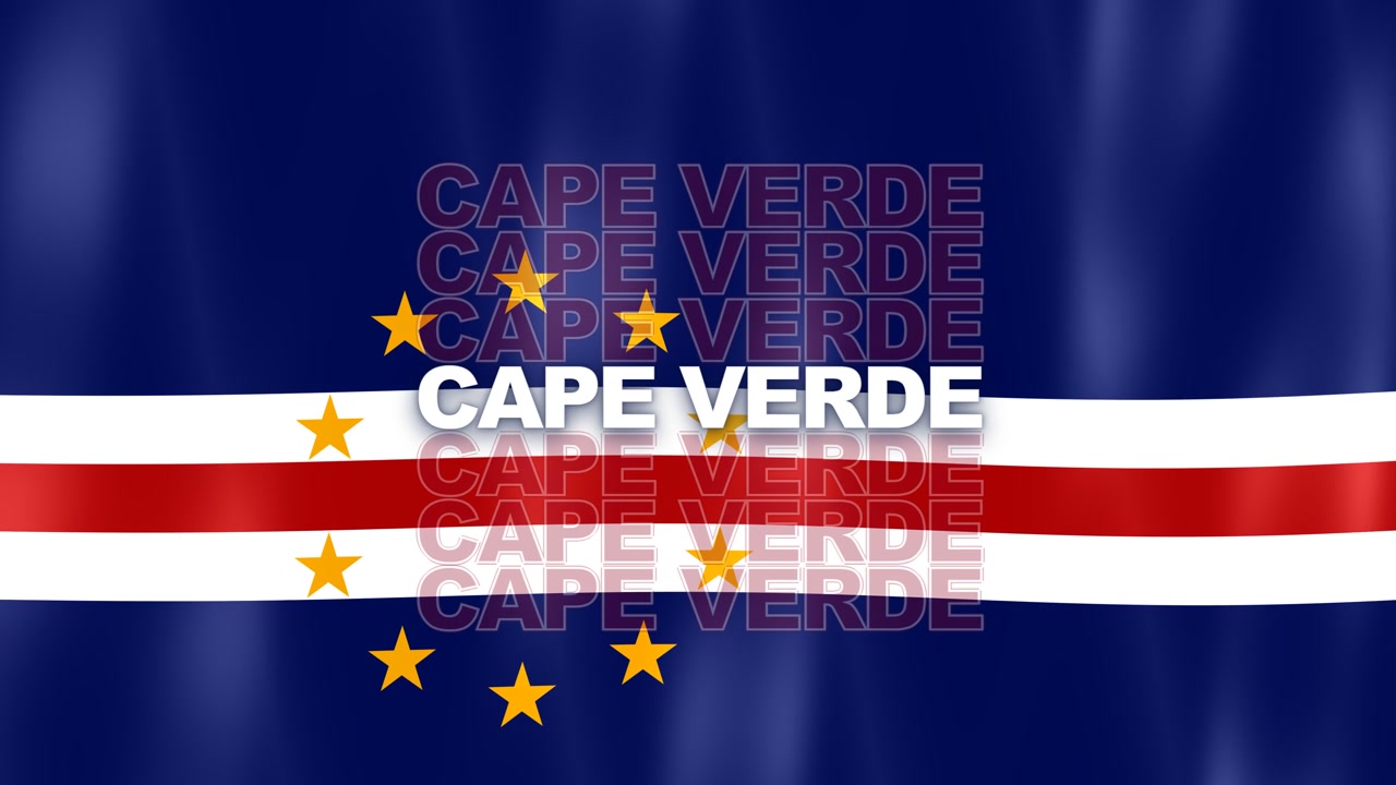 Bandiera blu di Capo Verde con strisce bianche e rosse, cerchio di stelle dorate e testo in sovrimpressione