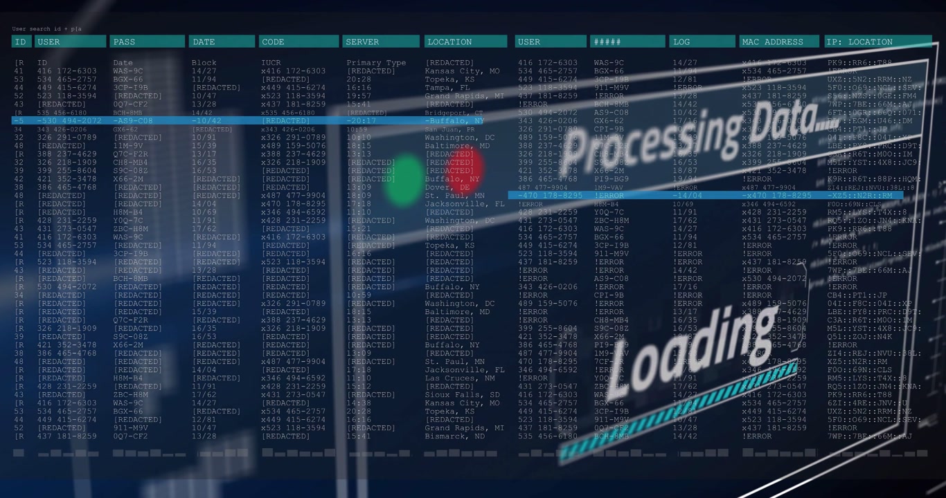 HUD receiving dataset, advancing loading bar, scanning alphanumeric columns for data analytics