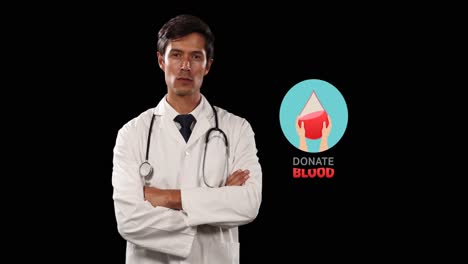 Animation-of-donate-blood-text-with-caucasian-male-doctor-on-black-background