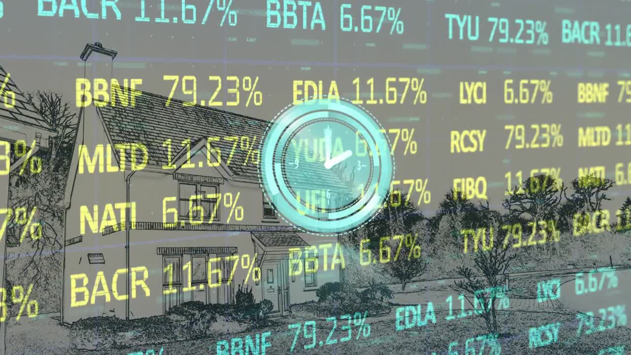 도시 풍경 위에서 빠르게 움직이는 시계와 데이터 처리의 애니메이션