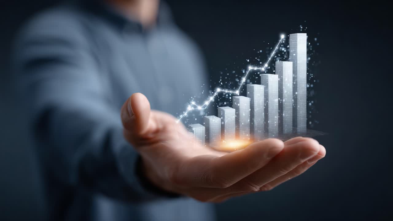 A Person Holding a 3D Graph Representing Growth and Progress, Showcasing Increasing Bars and a Rising Trend Line Against a Dark Background