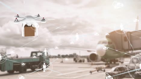 Animation-of-network-of-connections-with-icons-and-drone-with-box-over-airport