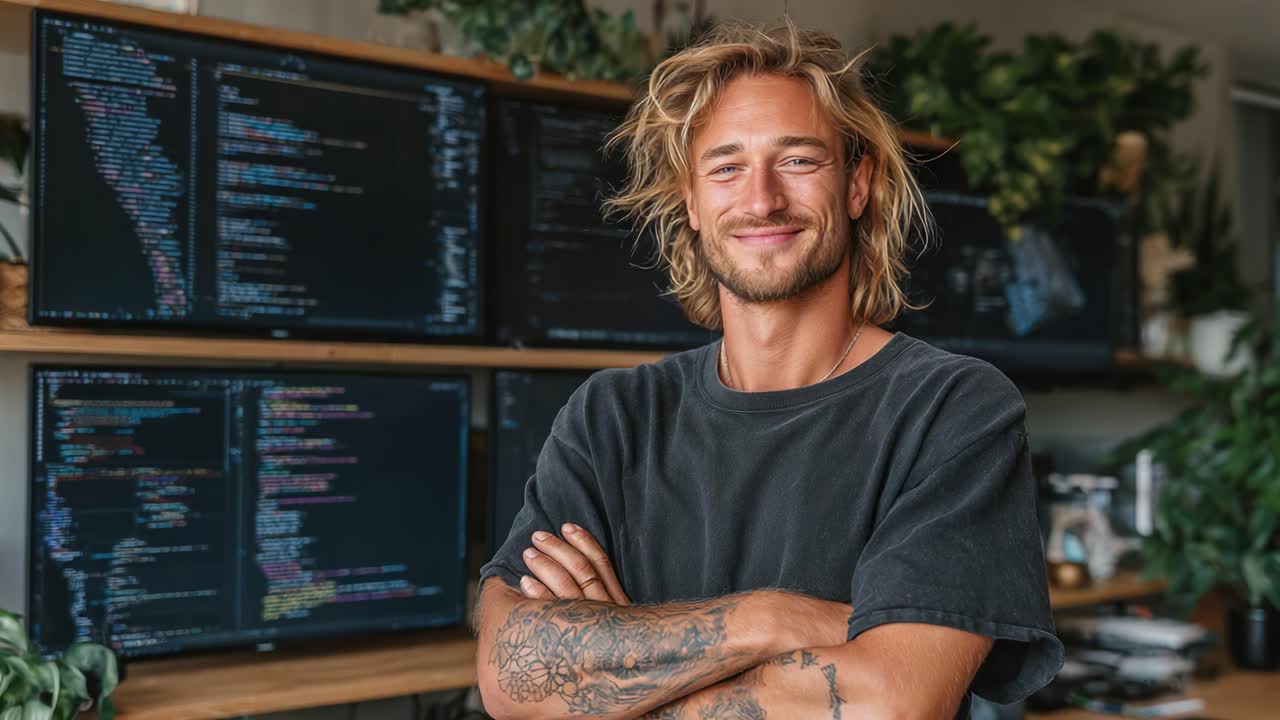 Confident Programmer Smiling in Modern Workspace Surrounded by Multiple Monitors Displaying Code and Greenery for a Relaxed Yet Productive Atmosphere