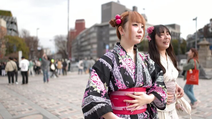 Due giovani donne che indossano kimono floreali tradizionali camminano ridendo attraverso una vivace piazza di Tokyo