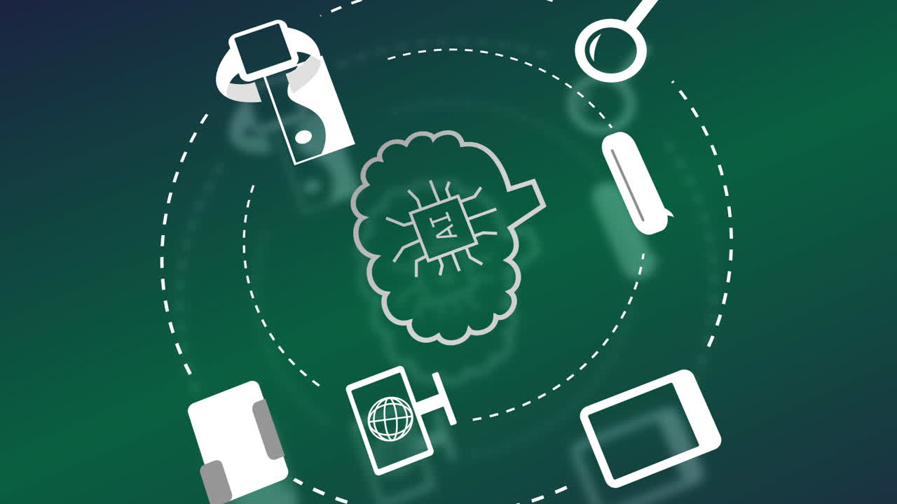 녹색 배경 위의 텍스트, 아이콘 및 데이터 처리의 애니메이션