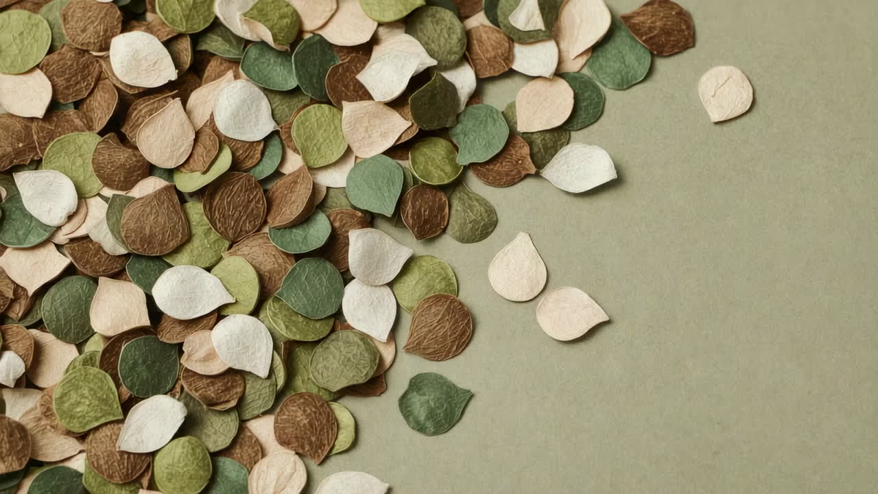 Abstract background with scattered paper leaf cutouts in earthy tones