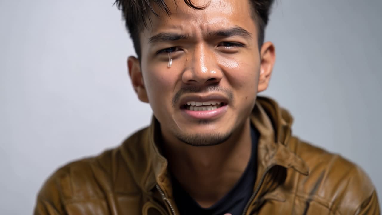 Mand dækker ansigtet med hænderne, øjnene våde, en tåre falder. Han viser nød, sorg eller chok. Ideel til følelsesladede scener, interviews eller personlige historier.