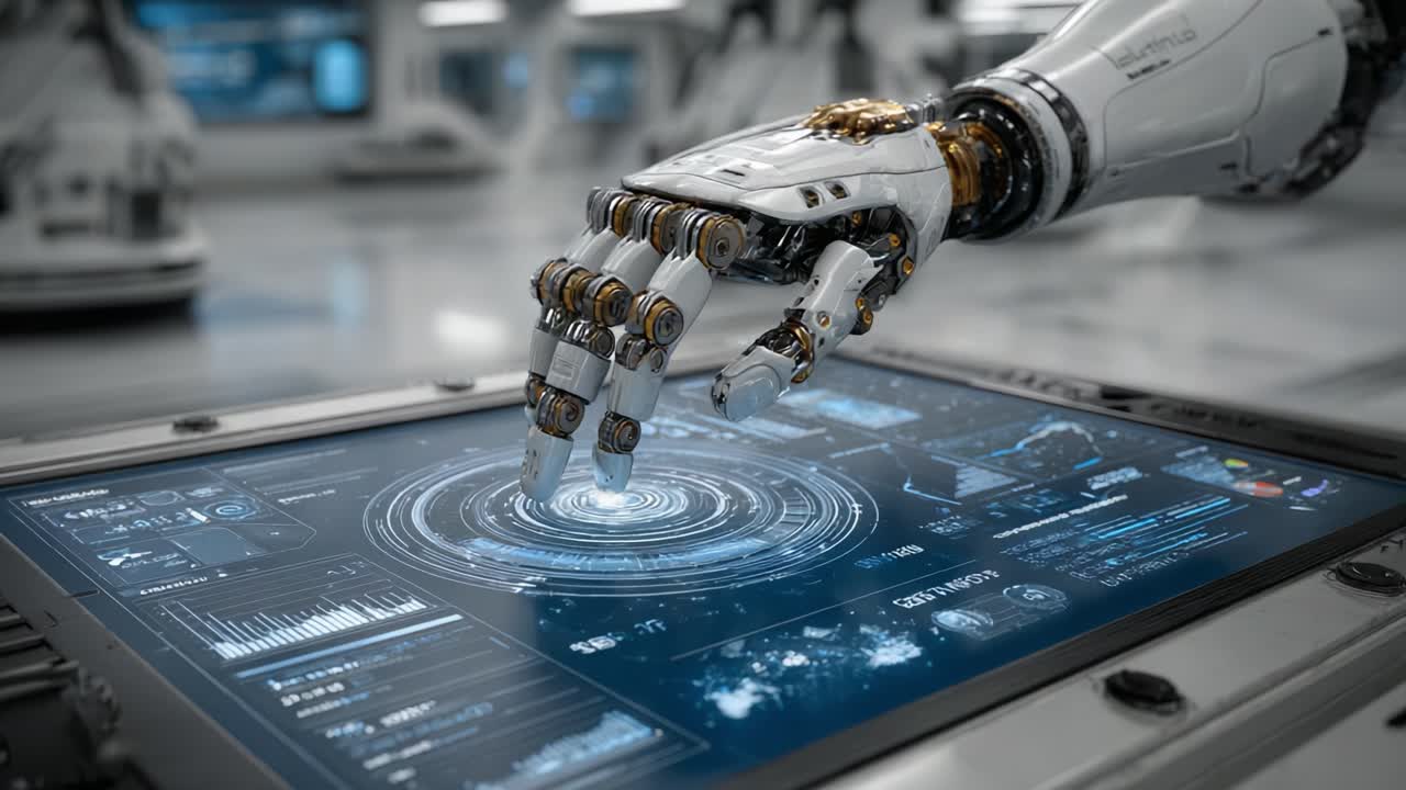 A Robotic Hand Interacting with a Futuristic Display Interface, Showcasing Advanced Technology and Innovation in a High-Tech Environment