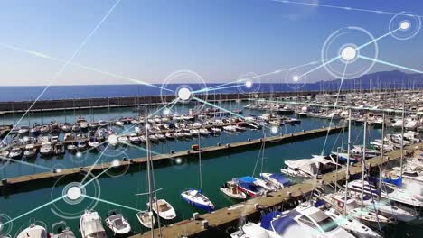 network of connections against aerial view of harbor in background