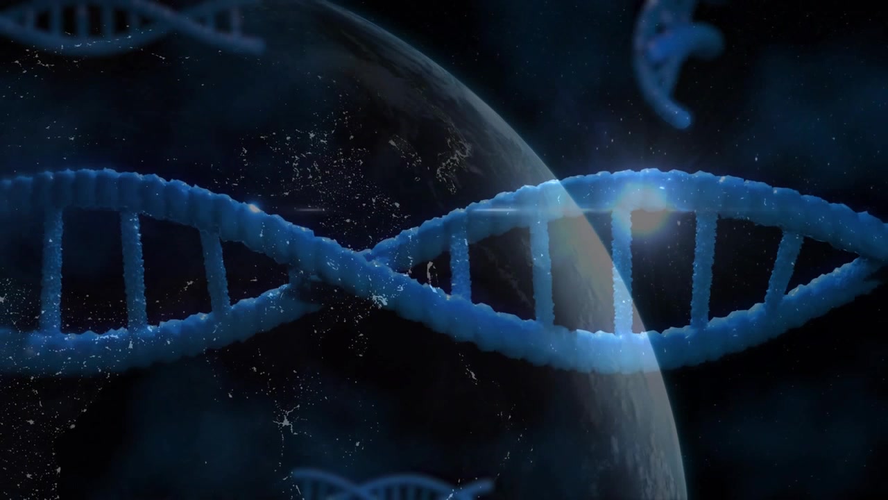 Con polvere scintillante, un'elica di DNA che si sposta, un pianeta e un frammento che emergono, visualizzando un legame genetico.