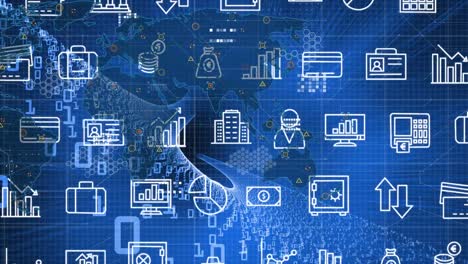Animación-De-Iconos-De-Negocios-Sobre-El-Mapa-Mundial-Y-Procesamiento-De-Datos