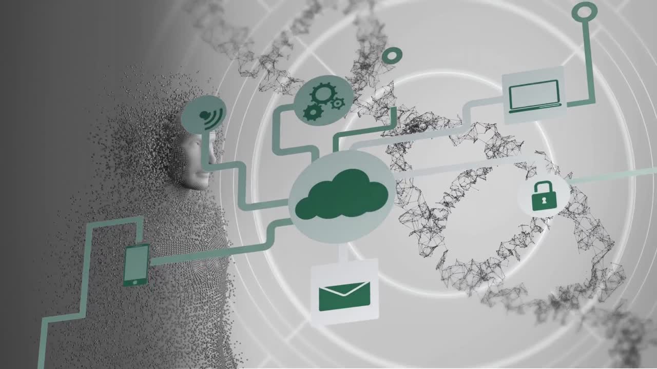 animación de iconos tecnológicos sobre adn y modelo humano en fondo gris