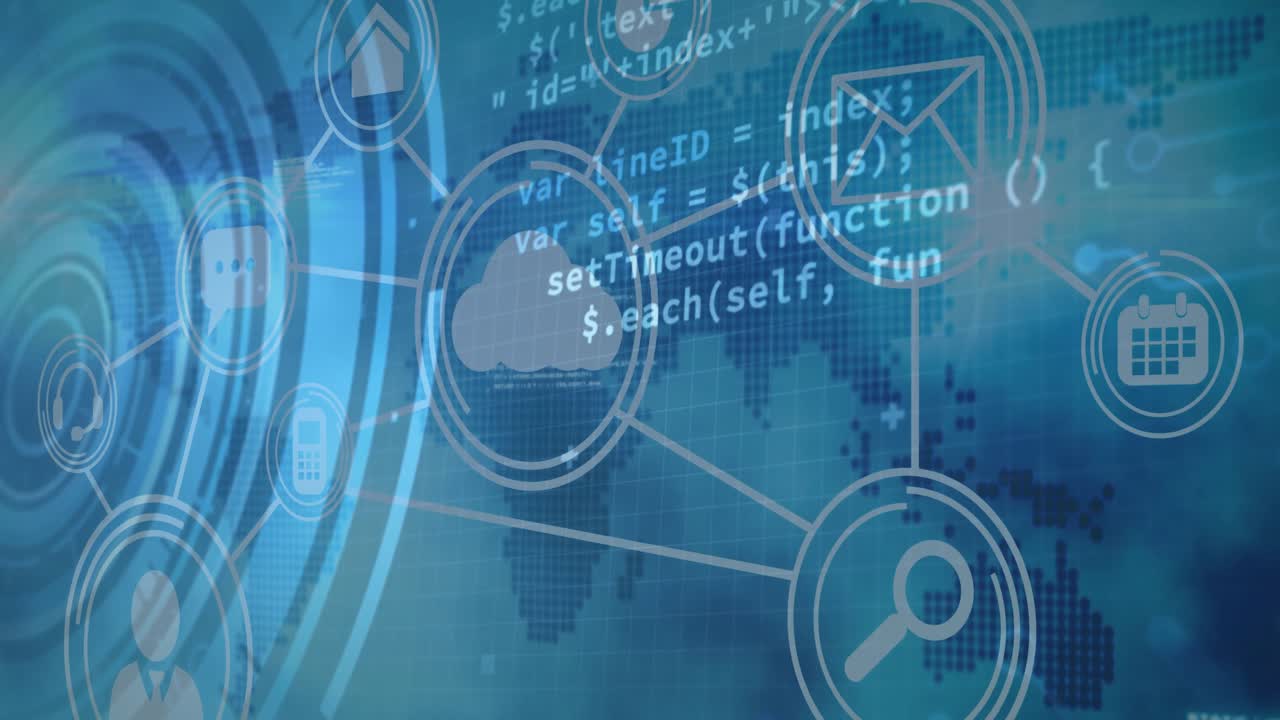 Ved opstart viser netværksikoner pulserende ringe, falmende kode og en flimrende backend, der visualiserer netværksaktivitet.