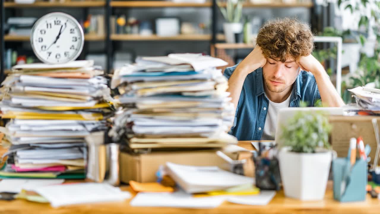 Overwhelmed by Work: Capturing the Emotion of Stress Amidst a Mountain of Paperwork in a Modern Workspace